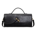 Elegant black snake pattern handbag with gold hardware and curved handle on white background - Black