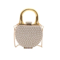 Elegante borsa da sera rotonda dorata con strass argentati brillanti e manico - Cachi
