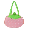 Simpatica borsa a tracolla in peluche a forma di fragola con manici verdi e cinturino - Rosa