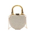 Chic silver rhinestone round evening bag with gold circular handle and crossbody chain - Style 1 Khaki
