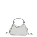 White glossy leather tote with silver stud trim and arched metal handle for women - White
