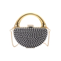 Black semi-circle evening bag with silver rhinestones and gold round metal handle - Style 2 Black