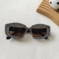 Square black sunglasses with sparkling white rhinestones and brown gradient lenses - Dark Brown