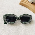Dark green square sunglasses for women with rhinestone-embellished frames and lenses - Green