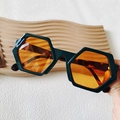 Green hexagonal oversized sunglasses with orange lenses and tortoiseshell temples - Dark Green