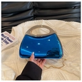 Deep blue metallic acrylic box bag with silver top handle and gold chain detail - Blue
