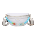 White pebbled leather half-moon crossbody bag with colorful bead chain and wide strap - White