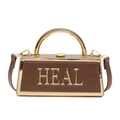 Vintage brown leather box handbag with gold metal handle and HEAL lettering - Brown