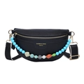 Black pebbled leather crescent chest bag with colorful acrylic bead chain and wide strap - Black