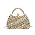 Elegante pochette da sera dorata con strass quadrati, chiusura a perla e catenina - Oro