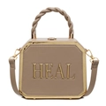 Modische taupefarbene Kofferhandtasche mit Goldrahmen und HEAL-Schriftzug - Khaki