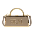 Elegant apricot box bag with golden HEAL logo and metallic curved top handle - Khaki