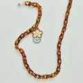 Catenella per occhiali in acrilico tartarugato ambra con ciondolo a fiore bianco - Stampa Leopardata (Ciondolo Fiore)