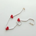 Handmade beaded eyewear chain with white round beads and red matte heart charms - Red Heart