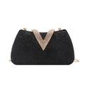 Elegante borsa da sera in pizzo nero con fibbia in strass a V e catena dorata - Nero