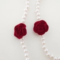 Elegant white pearl lanyard featuring double red velvet roses for masks and glasses - Red Rose
