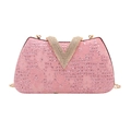 Borsa da sera in pizzo rosa con paillettes, fibbia a V in cristallo e catena dorata - Rosa