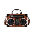 Retro radio-shaped handbag in brown leather with metal handle and crossbody strap - Brown