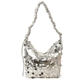 Chic silver sequin hobo bag with pleated shoulder strap and sparkling metallic finish - Silver