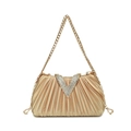 Pochette de soirée dorée en satin plissé avec boucle en V strass et bandoulière chaîne - Or