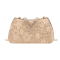 Champagne gold lace evening bag with diamond V-clasp and metallic chain strap - Khaki