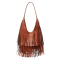 Sac à bandoulière marron caramel avec franges en cuir mat et pompons doubles bohèmes - Marron