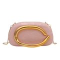 Elegant pink textured evening clutch with gold C-shaped handle and snake chain strap - Pink