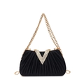 Elegante borsa da sera nera a pieghe con fibbia in strass a V e catena dorata sottile - Nero