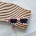 Pink kids sunglasses with pearls, rhinestones, bows and matching pearl neck chain - Pink Frame Pink Bow with Chain