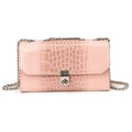 Pink faux leather crossbody bag with crocodile embossing and silver chain strap - Pink