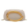 Elegant beige evening clutch bag with decorative gold C-shaped handle and metal chain - White