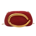 Red velvet evening clutch bag with golden circular handle and chain strap for women - Red