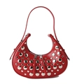 Modieuze rode lederen halvemaanvormige schoudertas met zilveren metalen studs - Rood