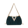 Elegante borsa da sera verde scuro con pieghe, fibbia a V di strass e catena dorata - Verde