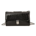 Black crocodile pattern crossbody bag with silver chain strap and metal clasp - Black