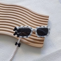 White girls' sunglasses with pearls, black bows, and matching long pearl glasses chain - White Frame Black Bow with Chain