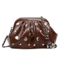 Sac nuage plissé marron foncé en cuir ciré brillant avec des rivets argentés - Marron