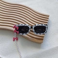 Kids black sunglasses with pearls, rhinestones, pink bows, and matching pearl chain - Black Frame Rose Bow with Chain