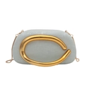 Silver clutch bag with horizontal texture and gold C-shaped handle for evening wear - Light Green