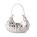 Silver metallic moon hobo bag with punk-style rivets and double zippers on white background - Silver