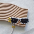 Kids white sunglasses with blue crystals, pearls, yellow bows and matching pearl chain - White Frame Yellow Bow with Chain
