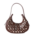Brown leather crescent shoulder bag with polished silver rivets and dual zipper closures - Brown