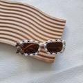 Beige rectangular girls sunglasses with pearls, rhinestones and brown bows on the side - Cream White Frame Coffee Bow