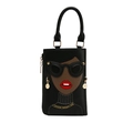 Detailed view of black handbag with trendy cartoon female face and sunglasses - Black