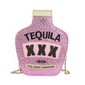 Pink glitter tequila bottle shaped crossbody bag with gold chain strap and embroidery - Sequined Pink