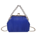 Royal blue pleated evening bag with pearl handle and gold chain strap in retro style - Blue
