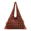 Bolso tote de punto marrón caramelo con perlas blancas y bordes de flecos para mujer - Marrón