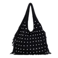 Bolso de hombro de punto negro con flecos y perlas blancas para mujer - Negro