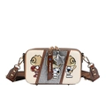 Bolso bandolera beige con estampados de osos panda y ribetes de cuero marrón elegante - Marrón