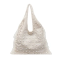 Bolso saco de punto blanco crema con perlas decorativas y detalles de flecos largos - Blanco Roto